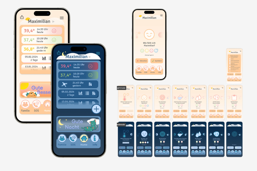 App-Prototyp des Team 4: Das Design ist in den Farbtönen orange, blau und weiß gehalten.