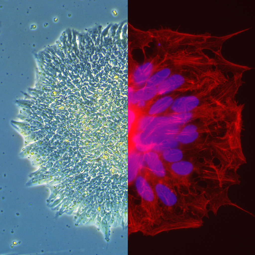 Mikroskopaufnahme einer menschlichen pluripotenten Stammzelle.